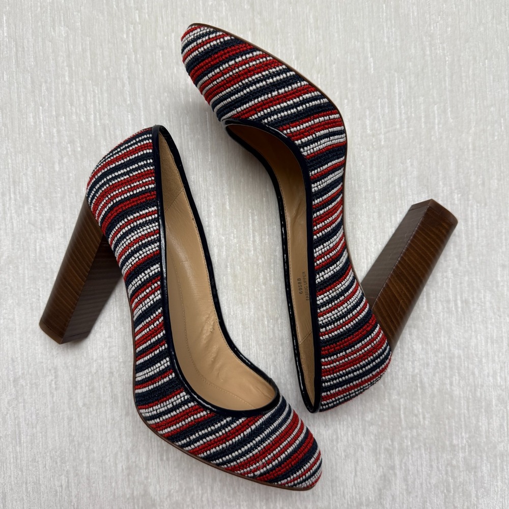 J.Crew Pumps Womens Size 9 Red Blue Etta Stacked Fabric Block Heel Slip On Party